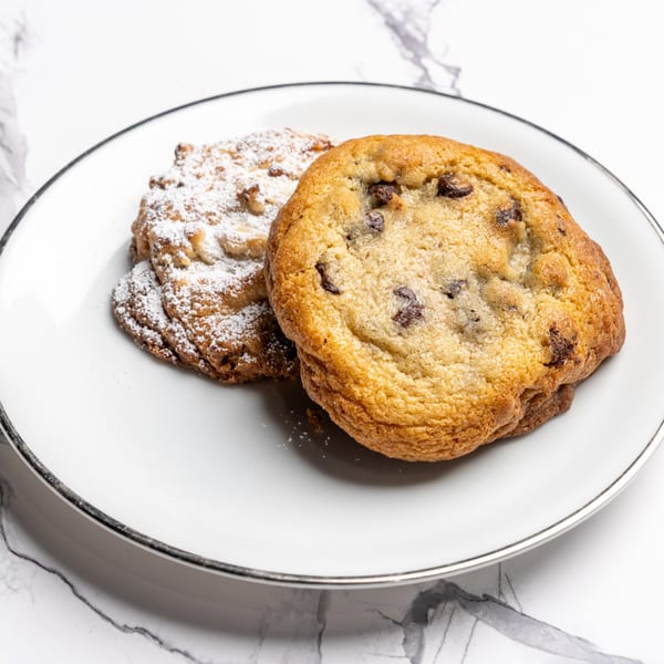Two cookies, one chocolate chip and one powdered sugar, on a white plate with a silver rim.