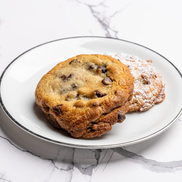 Two cookies on a white plate, one chocolate chip and one powdered sugar.