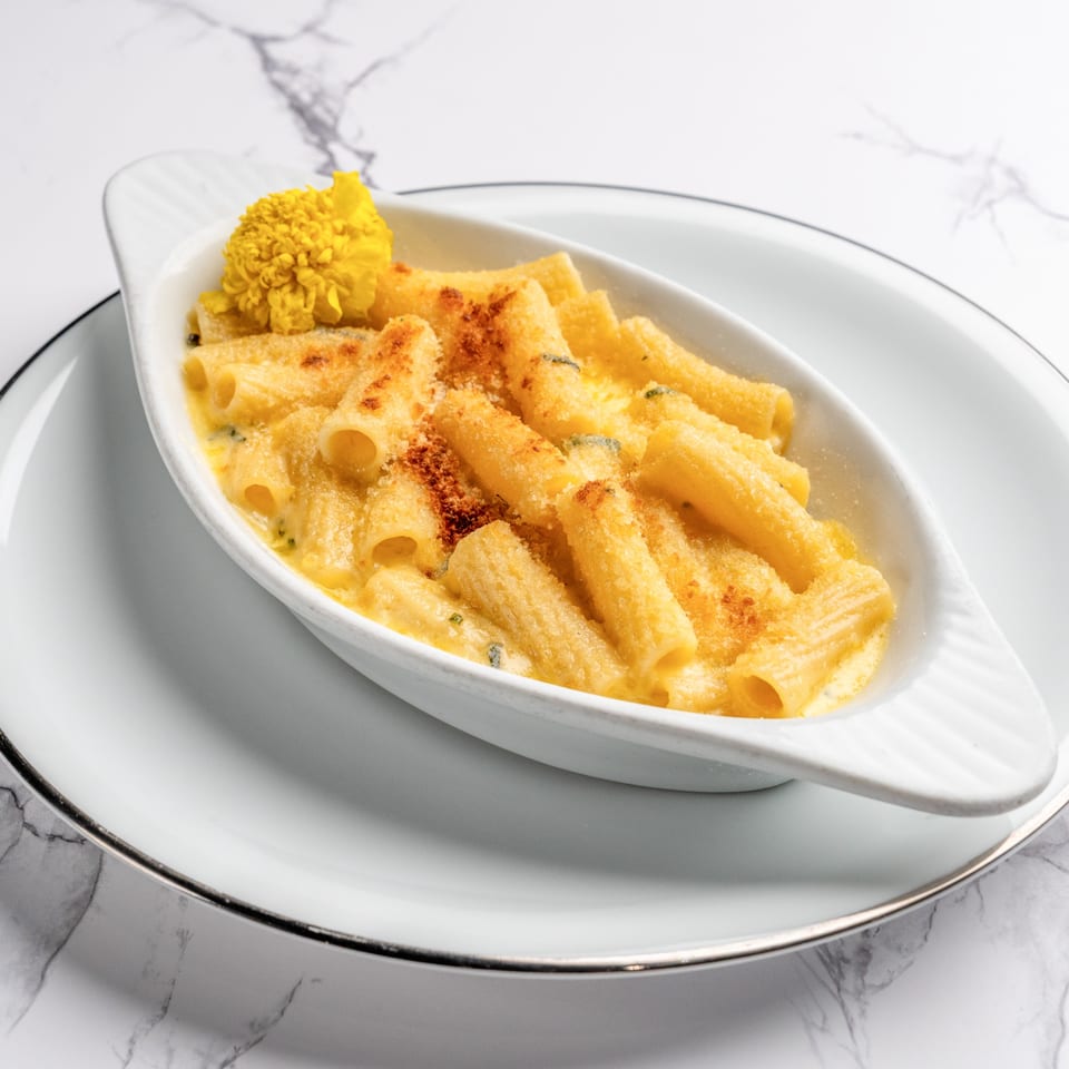 Baked rigatoni pasta with a creamy cheese sauce, topped with breadcrumbs and a yellow flower.